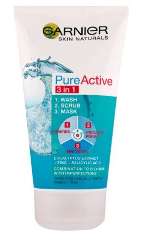 Garnier Skin Naturals Pure Active gel za čišćenje s pilingom i maskom 3 u 1 protiv prištića, 150 ml