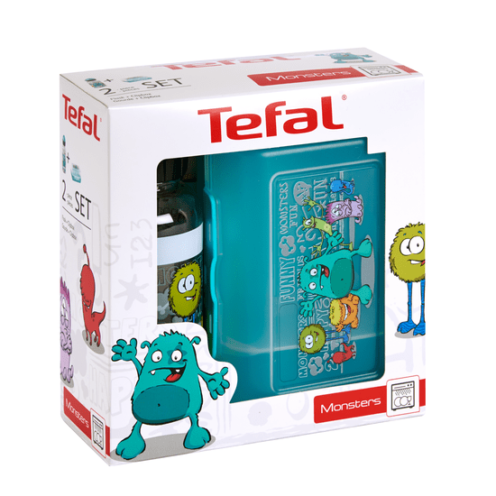 Tefal komplet KIDS K3169214 plastična kutijica + boca tritan, 0,4 L, tirkizna s motivom čudovišta