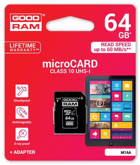 GoodRam memorijska kartica microSD, 64GB + SD adapter