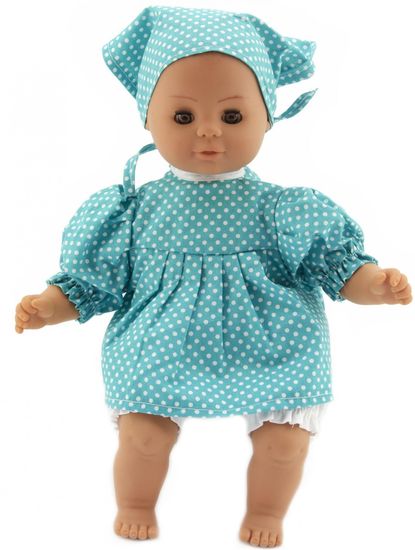 Teddies lutka, 30 cm, s plavom odjećom i bijelim točkama i šalom
