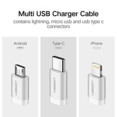 Ugreen USB 2.0 na Micro USB+Lightning+Type C (3 u 1) podatkovni kabel pleteni, 1,5m
