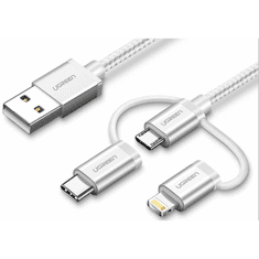 Ugreen USB 2.0 na Micro USB+Lightning+Type C (3 u 1) podatkovni kabel pleteni, 1,5m