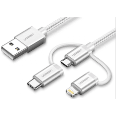 Ugreen USB 2.0 na Micro USB+Lightning+Type C (3 u 1) podatkovni kabel pleteni, 1,5m