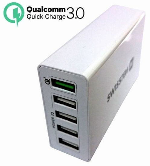 SWISSTEN punjač Qualcomm 3.0 Quick Charge + SMART IC 5× USB 50 W Power 22013306, brzo punjenje, bijeli