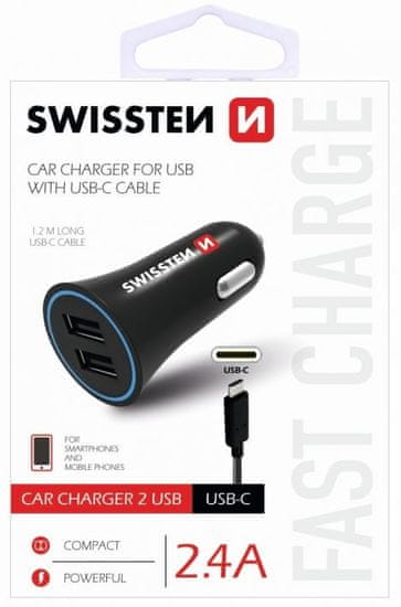 SWISSTEN CL adapter 2,4 A Power 2× USB + kabel USB-C 20110908
