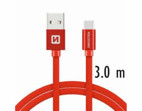 SWISSTEN podatkovni kabel Textile USB/USB-C 3 m, crveni 71527901