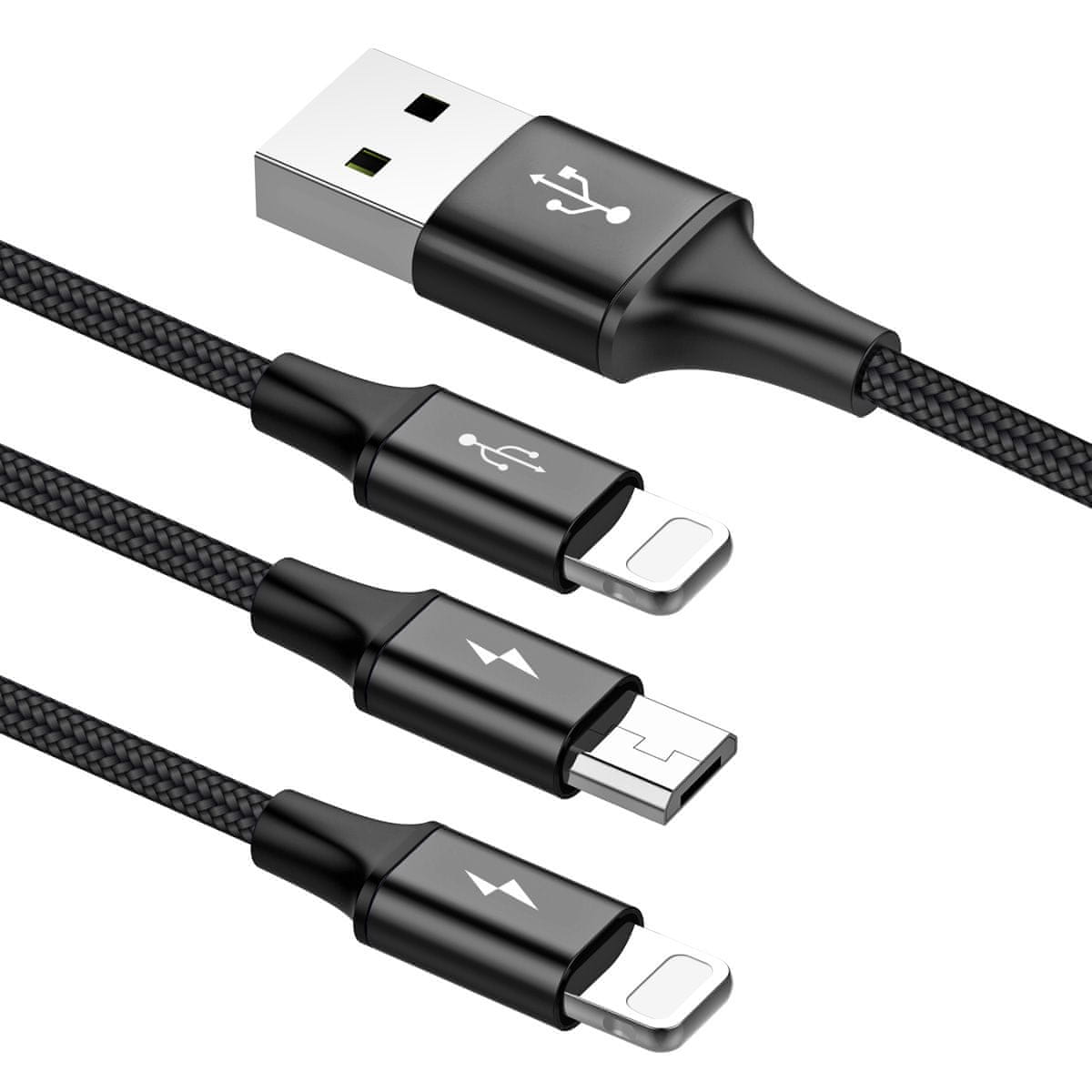 Baseus Rapid 3u1 kabel za napajanje za mikro USB, Lightning (2x) 3A/1,2m, crni CAMLT-SU01