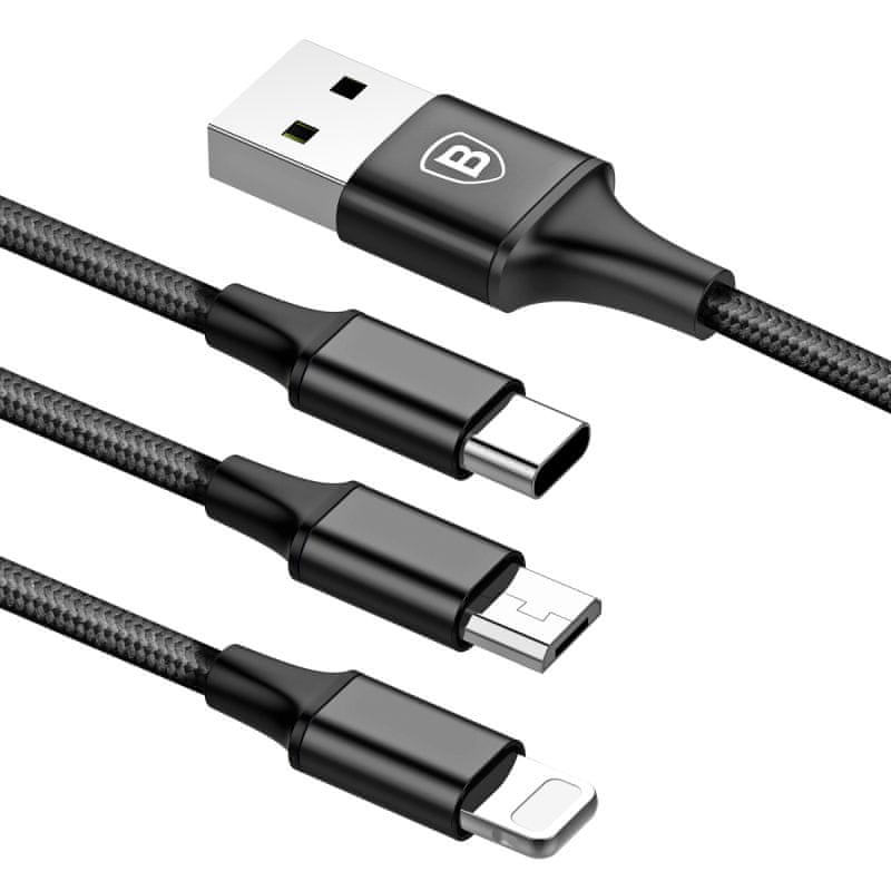 Baseus Rapid 3u1 kabel za napajanje za mikro USB, Lightning, Type-C 3A / 1,2 m, crni CAMLT-SU01