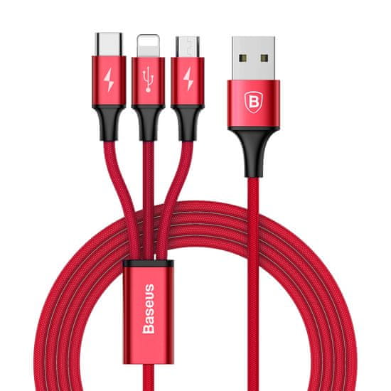 BASEUS Rapid 3u1 kabel za napajanje za Micro USB, Lightning, Type-C 3A / 1,2m, crveni CAMLT-SU09