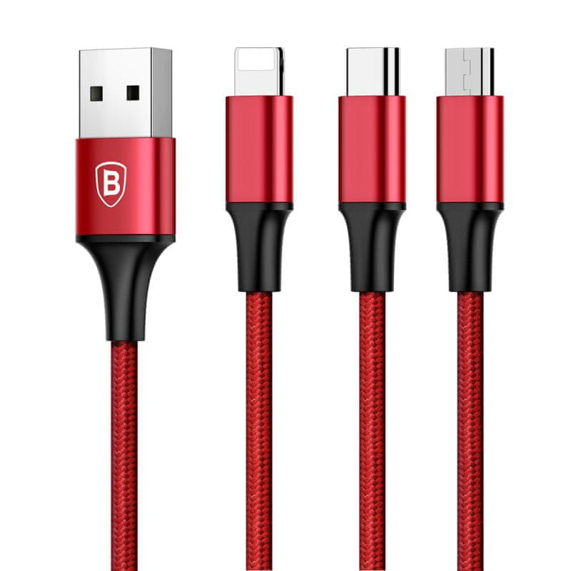 Baseus Rapid 3u1 kabel za napajanje za mikro USB, Lightning, Type-C 3A / 1,2 m, crveni CAMLT-SU09