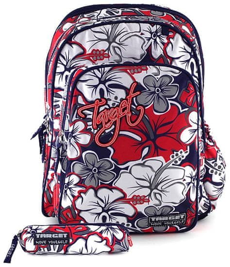 Target školska torba, crveno-sivo cvijeće, uključena pernica