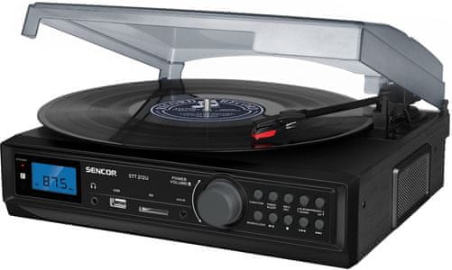 višenamjenski gramofon senzor stt 212u Bluetooth bežični USB konektor fm tuner s pll 30 unaprijed postavljenih zvučnika 2×5W daljinski upravljač 3 brzine funkcija digitalizacije poklopca za prašinu