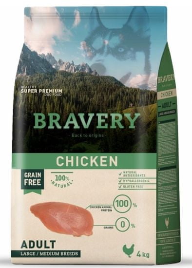 Bravery hrana za pse Dog Adult Large / Medium Grain Free chicken, piletina, 4 kg