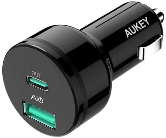 Aukey LLTS85695 auto punjač za brzo punjenje s priključcima USB 2.0 i USB-C, crni