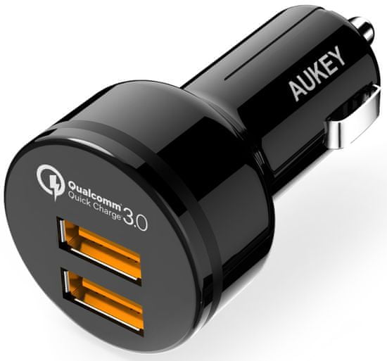 Aukey LLTS65484 auto punjač za brzo punjenje s priključcima 2× QuickCharge USB 3.0/36 W, crni