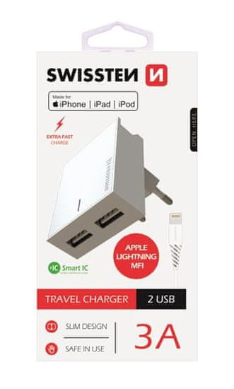 SWISSTEN pametni mrežni adapter, IC, CE 2x USB 3A napajanje, bijela + USB podatkovni kabel (22045000)