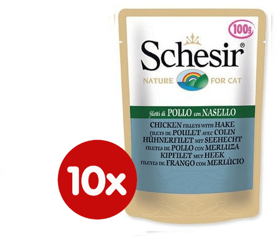 Schesir mokra hrana za mačke s piletinom i oslićem, 10 x 100 g