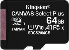 Kingston SDHC Canvas Select Plus Micro memorijska kartica, 64 GB 100 MB/s, C10, UHS-I, adapter