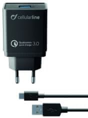 CellularLine USB punjač s USB-C kabelom, Qualcomm 3.0, crna