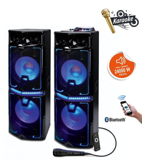 Manta SPK5034 disco/karaoke sustav, 2x zvučnik, 24000W P.M.P.O., Bluetooth, USB, SD, 2x Mic, AUX, Radio FM