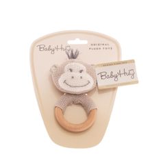Baby Hug zvečka majmun, pletena s drvenim prstenom, 13 cm