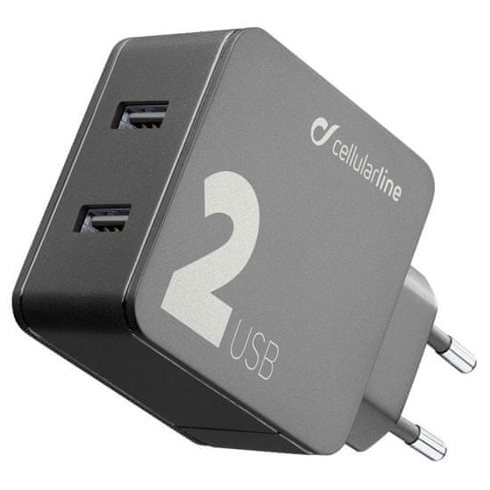 CellularLine Multipower 2, kućni punjač, 2x USB, 24 W, crna