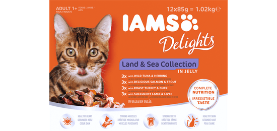 IAMS Delights Kopno & Morje hrana za odrasle mačke, u želeu, 12 x 85 g