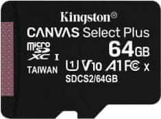 Kingston SDXC Canvas Select Plus Micro memorijska kartica, 64 GB 100 MB/s, C10, UHS-I