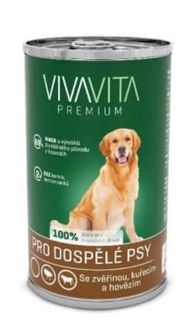Vivavita pseća hrana komadi od divljači, piletine i govedine u konzervi, 12x1240 g