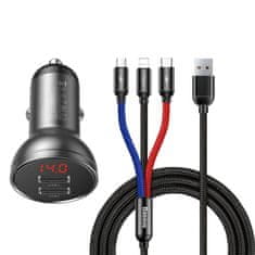 BASEUS Digital 2x USB auto punjač + 3in1 kabel USB - UBS C / Micro USB / Lightning 1.2m, crno