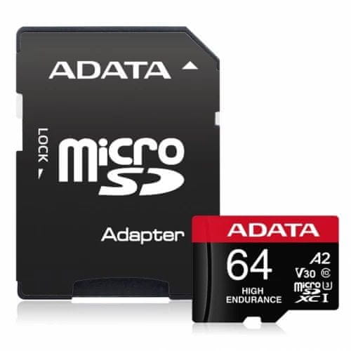 AData High Endurance MicroSDHC memorijska kartica, 64 GB, UHS 3, V30, A2 + SD adapter