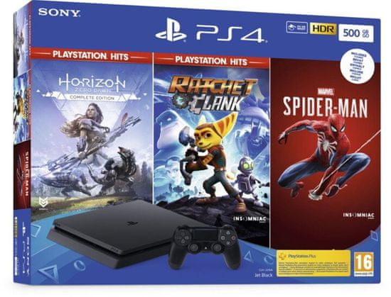 Sony PlayStation 4 Slim igraća konzola, 500 GB, crna + Spider-Man + Horizon Zero Dawn + Ratchet & Clank (PS719391708)