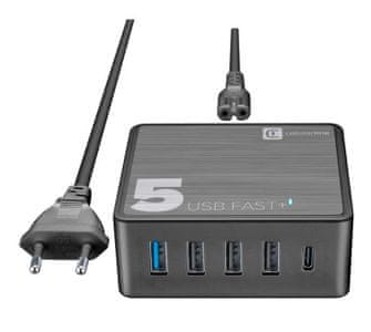  Brzi punjač Cellularline Multipower 5 s pet ulaza, 4 x USB, 1 x USB-C, 60 W, crni 