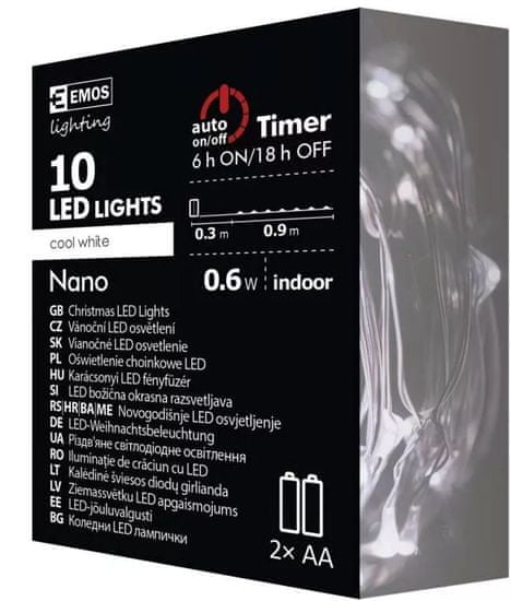 EMOS božićna rasvjeta Nano, 10 LED, 0,9 m, 2xAA, srebrna, hladno bijela, timer