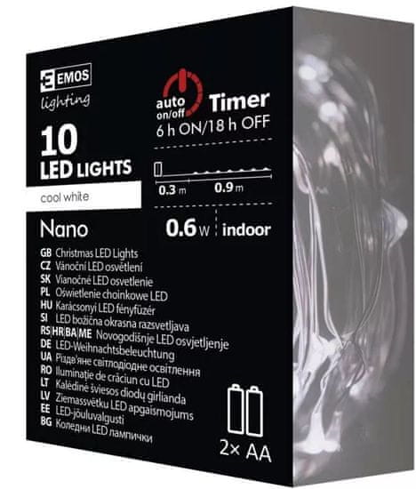 EMOS božićna rasvjeta Nano, 10 LED, 0,9 m, 2xAA, srebrna, hladno bijela, timer