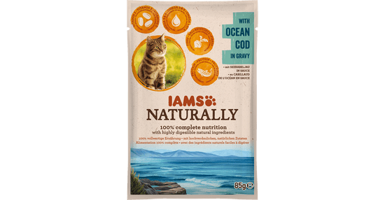 IAMS Naturally hrana za odrasle mačke, s oceanskim bakalarom, u umaku, 24 x 85 g