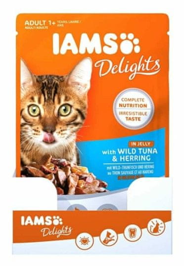 IAMS Delights hrana za odrasle mačke, s divljom tunom i haringom, u želeu, 24 x 85 g