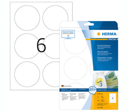 Herma 5068 naljepnica, odvojive, okrugle, Ø 85 mm, bijele, 150/1