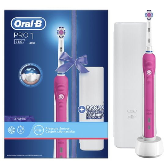 Oral-B električna četkica za zube Pro 750 3DWhite Pink + putna torbica