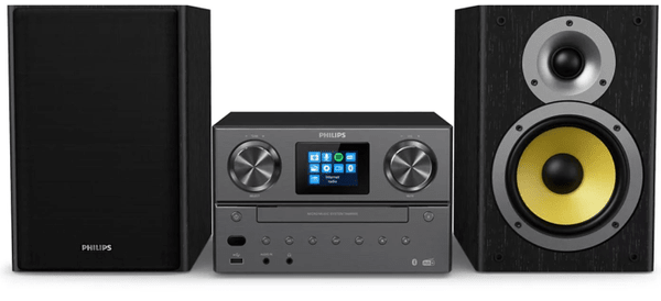 moderan mikro sustav philips tam8905 100w snaga bluetooth aux i usb za reprodukciju usb punjenje dab fm tuner cd pogon spotify connect mp3cd dizajn hifi sustava centralna jedinica mat aluminijski bas refleks zvučnici