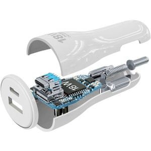 CellularLine auto punjač, USB-C + USB-A, 18 W + 12 W, bijela