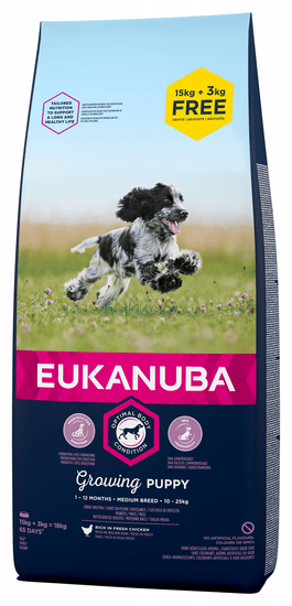 Eukanuba suha hrana za štence Puppy & Junior Medium Breed 15 kg + 3 kg gratis