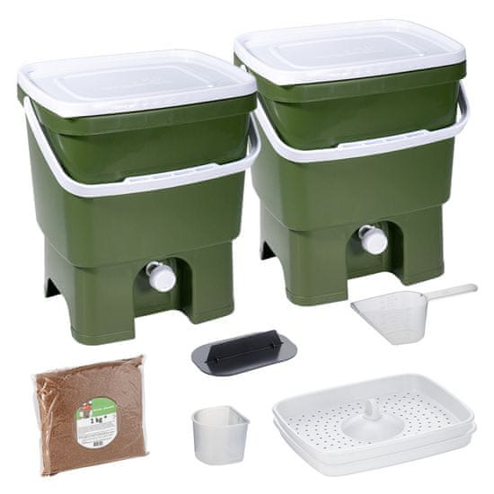 Skaza Bokashi Organko set kompostera 2x16l + posip 1kg, maslinasto zeleni
