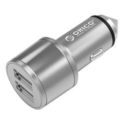 Punjač za automobil Onico sa sigurnosnim čekićem, 2 x USB, 2,4 A, srebrni aluminij