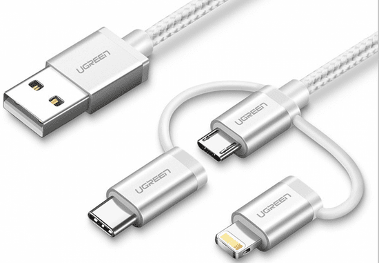 Ugreen USB 2.0 u Mikro USB, Lightning i USB-C podatkovni kabel, 1 m, pleten
