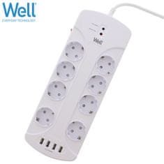 Well EXTS-8S3M produžni kabel s prenaponskom zaštitom, 8x utičnica 230V + 4x USB, 16A, 3680W, 3m