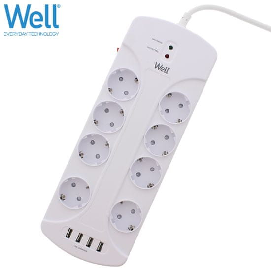 Well EXTS-8S3M zaštita od prenapona, 8x utičnica 230V + 4x USB, 16A, 3680W, 3m