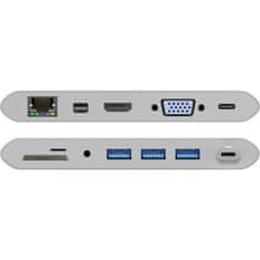 Goobay USB-C / RJ45 + HDMI + VGA + miniDP + 3x USB3.0 + 3,5mm + SD utor, multi-adapter, srebrn
