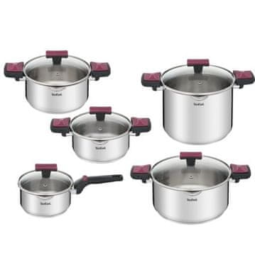 Tefal Cook&Clip set posuđa od 10 dijelova, ručke za zaključavanje za jednostavno ulijevanje, nehrđajući čelik