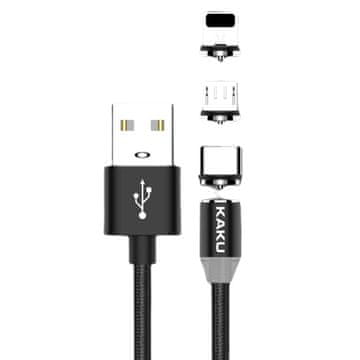Kaku Magnetic 3in1 kabel USB - Lightning / USB-C / Micro USB 3A 1m, crno